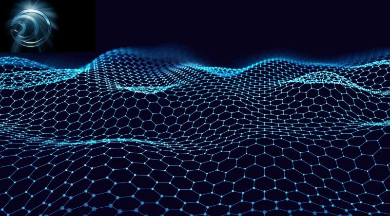 A blue atomic lattice illustration accompanying the AlphaFilm announcement